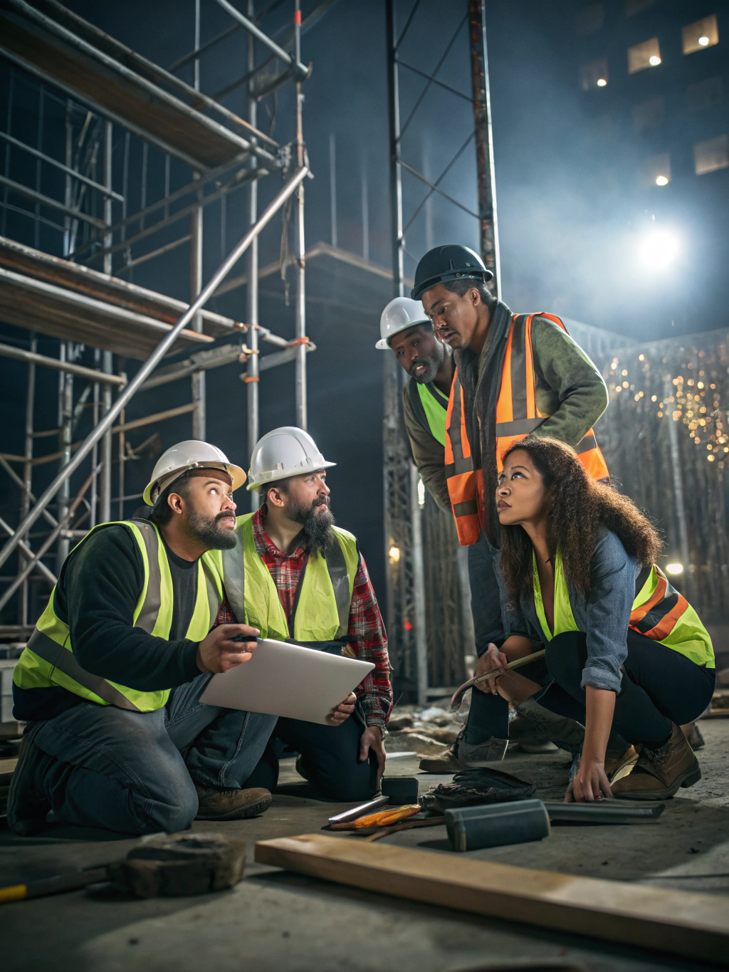 Equipo técnico de MD Construcción revisando planos en obra